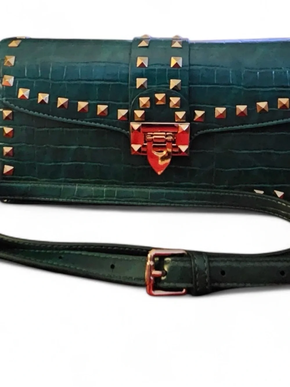 Green Studded Crossbody Clutch with Gold Hardware